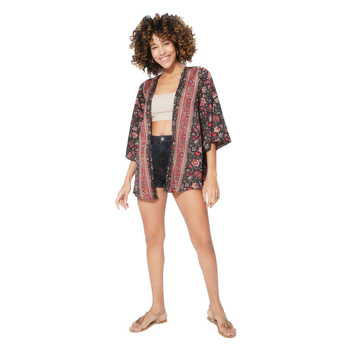 3/4 Sleeve Silky Short Kimono