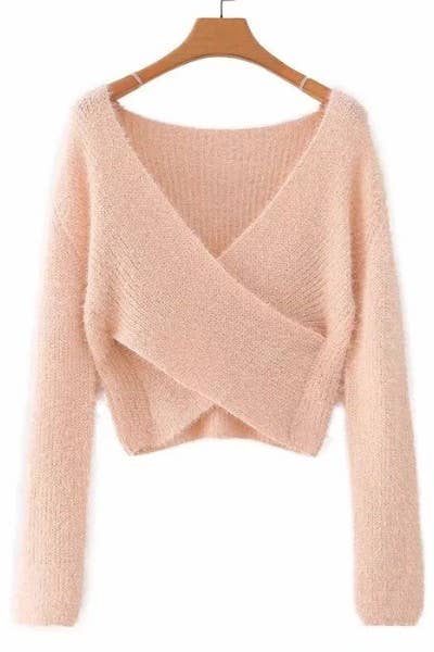 Cross V-Neck Long Sleeve Fluffy Sweater