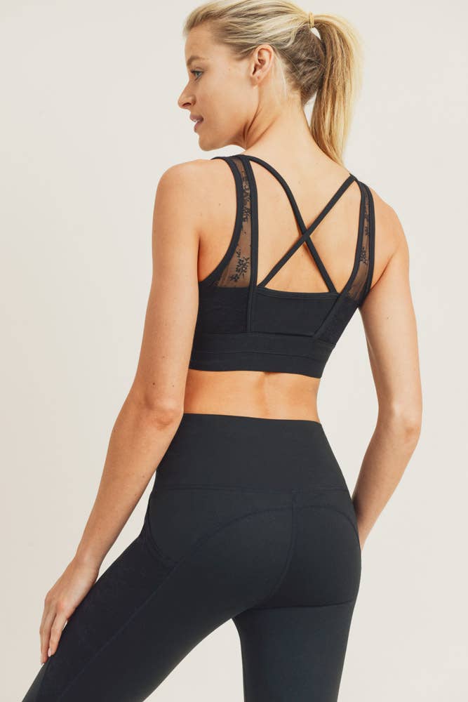 Floral Lace Mesh X-Back Sports Bra