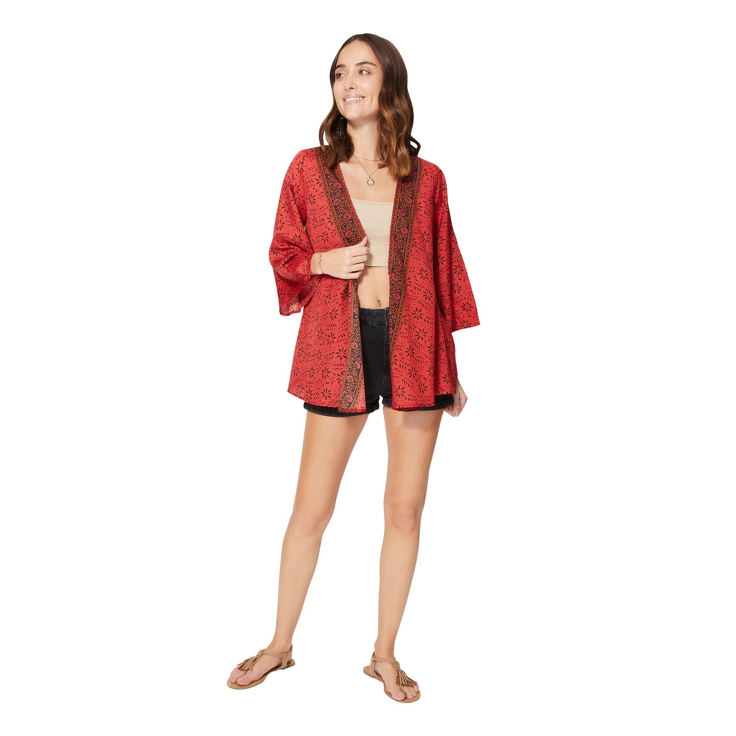 3/4 Sleeve Silky Short Kimono