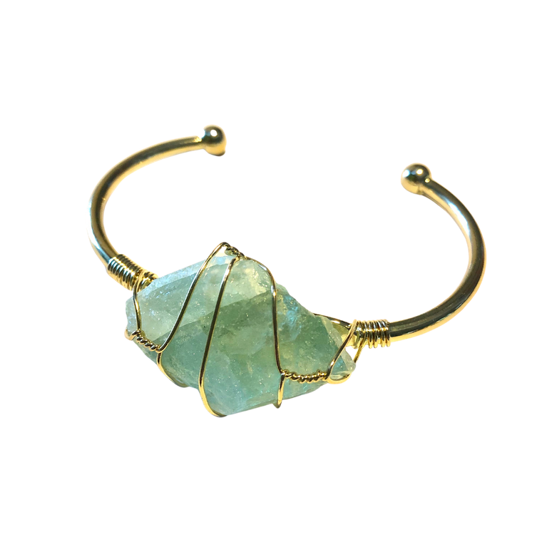 Green Fluorite Rough Gemstone Gold Bangle Cuff Bracelet: "Energy, Health, & Healing"