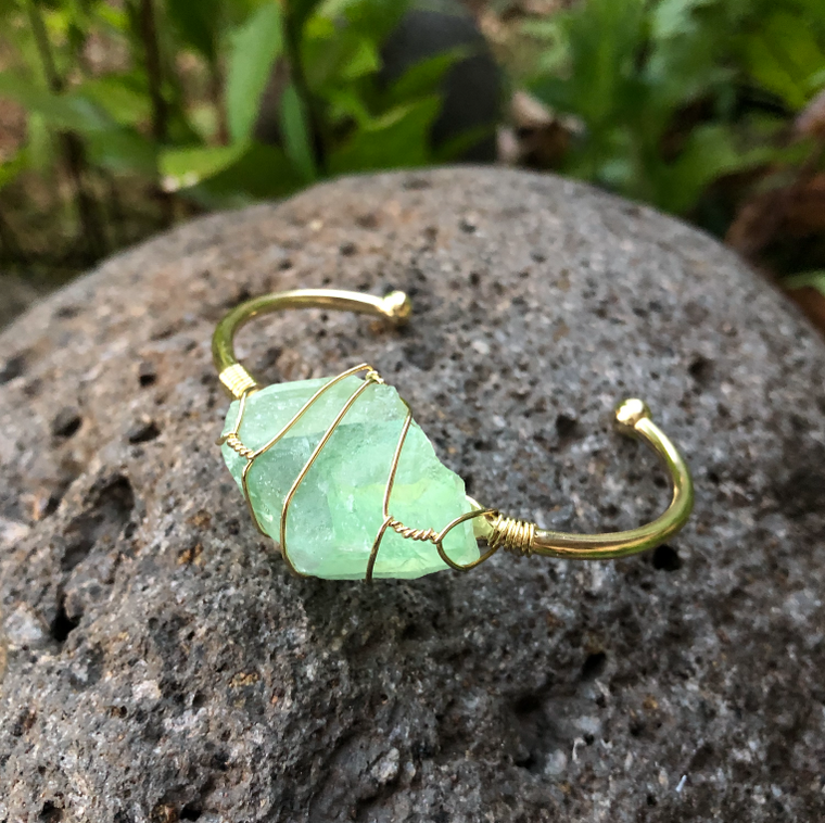 Green Fluorite Rough Gemstone Gold Bangle Cuff Bracelet: "Energy, Health, & Healing"