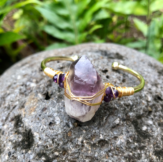 Amethyst (Large Stone) Gemstone Gold Bangle Cuff Bracelet: "Energetic Protection & Aura Clearing"