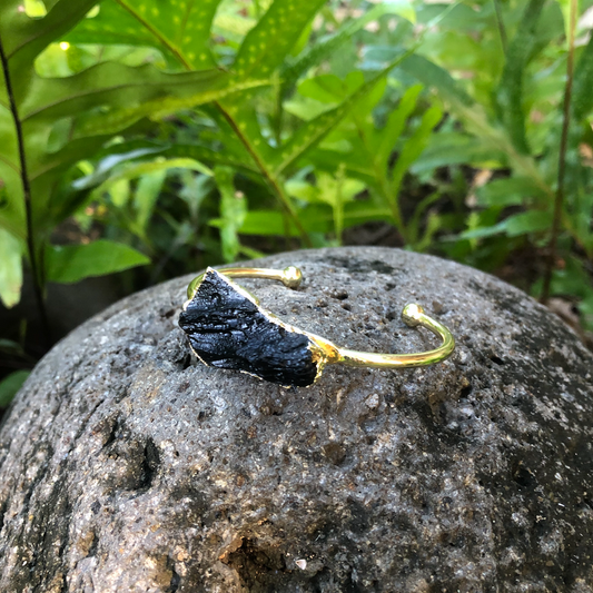 Black Tourmaline Flat Gemstone Gold Bangle Cuff: "Protection" Bracelet