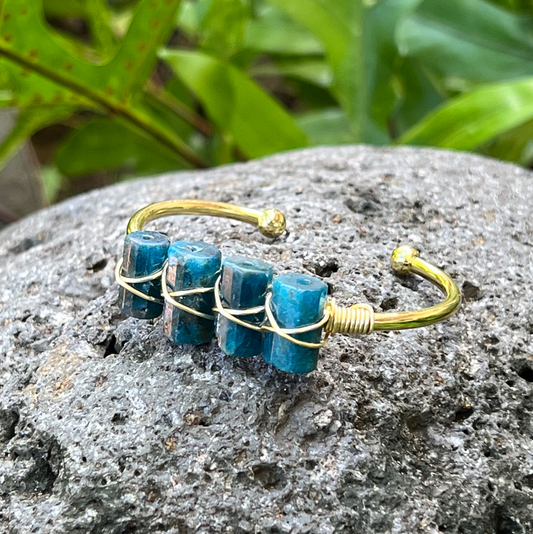 Blue Apatite Four Stone Gold Bangle Cuff Bracelet: "Aura Clearing, Astral Travel, Mood Lifter"