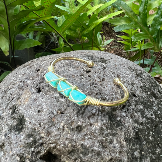 Amazonite Gemstone Gold Bangle Cuff Bracelet: "Harmonizing Energy & Manifestation"