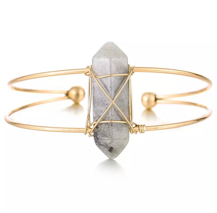 Labradorite Obelisk Gemstone Gold Bangle Cuff Bracelet: "Moon Energy & Protection"