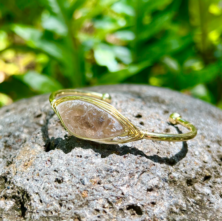 Smokey Quartz Gemstone Gold Bangle Cuff Bracelet: "Spirit Protection & Clearing Negativity"