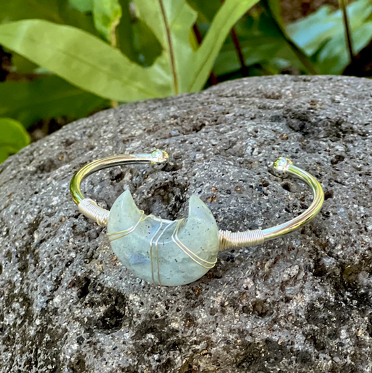 Labradorite Moon Gemstone Silver Bangle Cuff Bracelet- "MOON ENERGY, MAGIC, & PROTECTION"