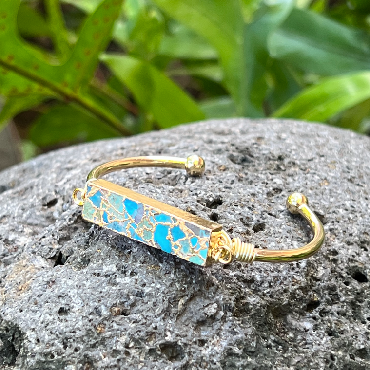 Blue Turquoise Bar Gold Bangle Cuff Bracelet: "Life Force Energy"